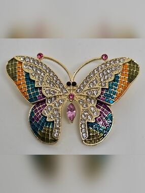 Gold Multicolor Crystal Butterfly Brooch